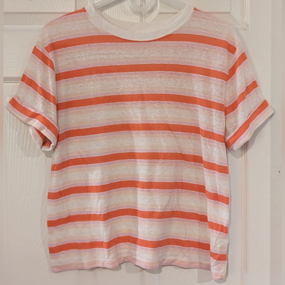 Linen Blend Orange and White Striped Tee - Size Medium
